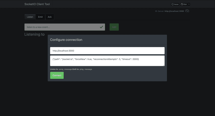 Socket IO client testing tool screenshot